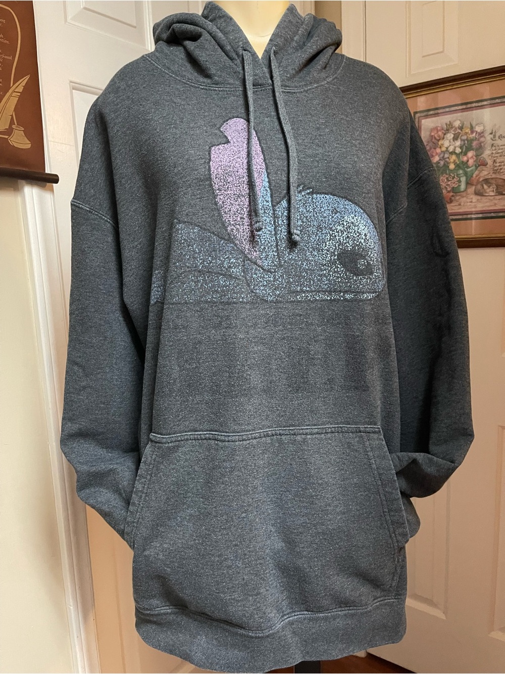 Charcoal Gray Hoodie with Pastel Stitch Graphic